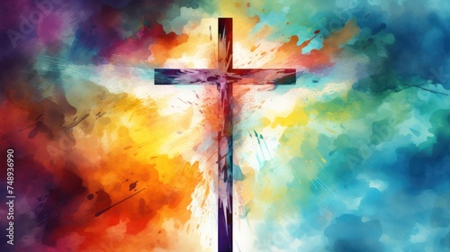 Christian background god religion crossed religious symbols. colorful watercolor background photo