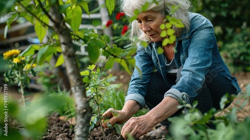 Mature woman plants flower seedlings in spring in garden, gardening activity