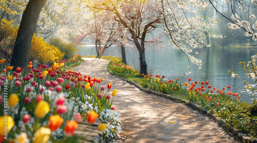 Spring scenic background. Blooming tulips in a park by the lake - obrazy, fototapety, plakaty 