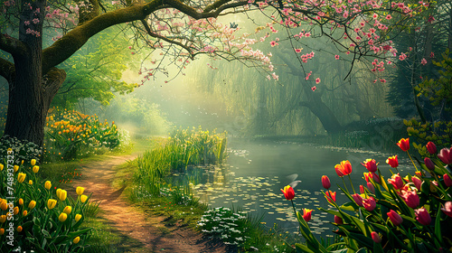 Spring scenic background. Blooming tulips in a park by the lake © Irina Sharnina