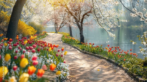 Spring scenic background. Blooming tulips in a park by the lake