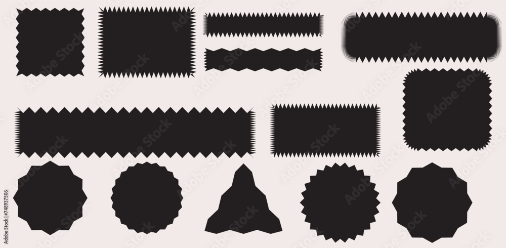 Obraz premium Set of black price sticker, sale or discount sticker, sunburst badges icon. Stars shape with different number of rays. Special offer price tag. Red starburst promotional badge set, shopping labels