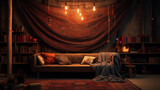 Bohemian-inspired wall tapestry with intricate patterns, transforming a cozy reading nook into a uniquely artistic space