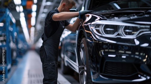 A man is busy working on a car in a factory, inspecting tires, wheels, and automotive lighting for the vehicle's assembly. AIG41
