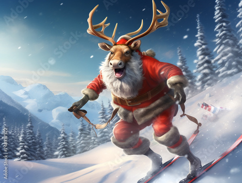Festive reindeer in Santa attire taking on the ski slopes amidst a magical winter landscape Christmas joy in the air
