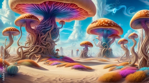 A desert landscape transformed into a surreal dreamscape, with towering mushrooms and twisting vines erupting from the sand, surrounded by swirling clouds of psychedelic colors.