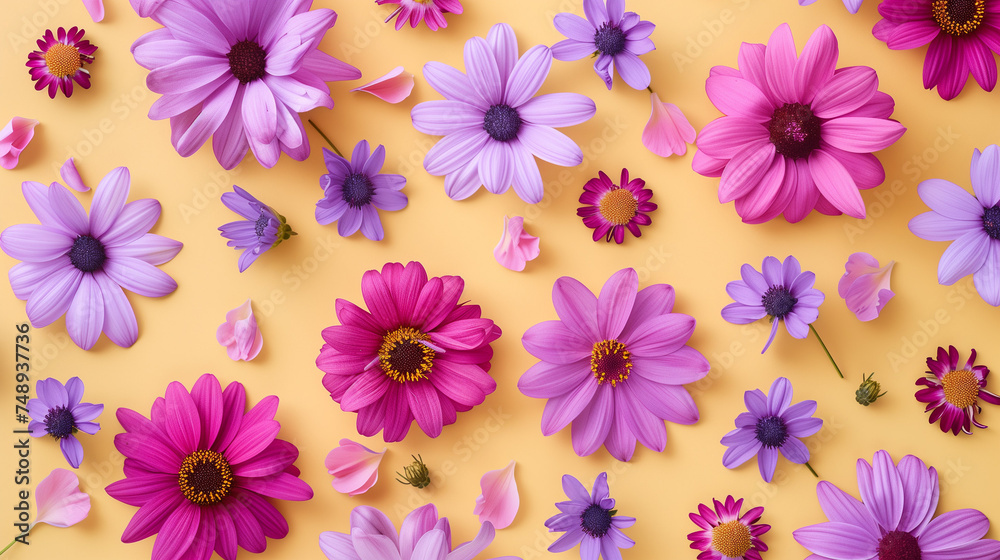 Pink and purple flowers laid flat