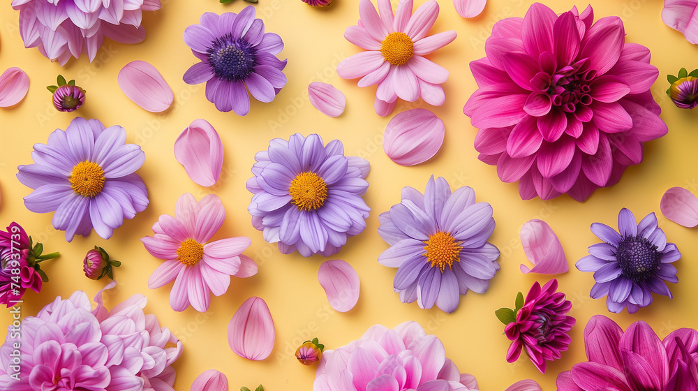 Pink and purple flowers laid flat Pink and purple flowers laid flat