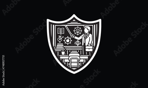 shield with teacher is teaching  books  study  teaching logo design 