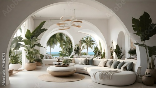 Modern take on upscale bali inspired small condo white round arches interor view of kitchen living room bedroom tropical foliage