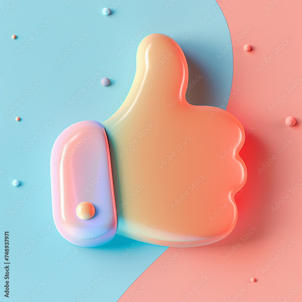 Glossy Thumb Up 3d illustration on pastel blue and cream toned background. Service rating symbol. Positive feedback.