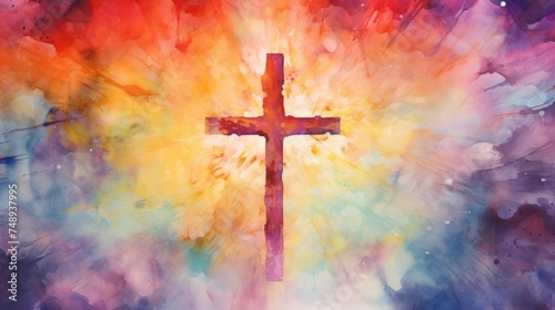 Cross of Jesus Christ on colorful watercolor background