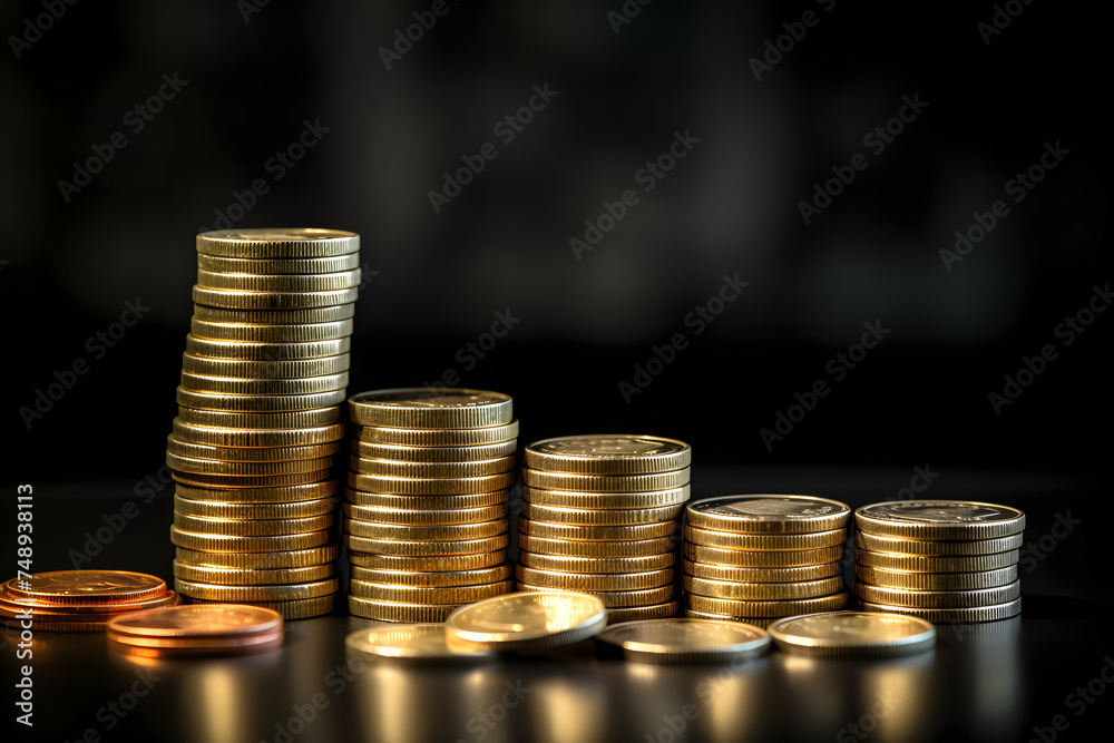 Finance and economics concept with stacks of coins on black background Finance and economics concept with stacks of coins on black background