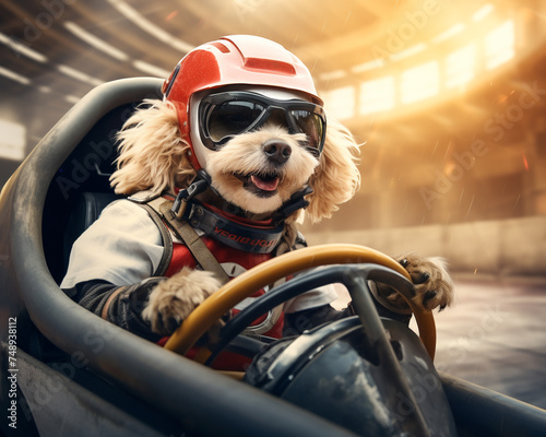 Adventurous dog in racing gear piloting a stateoftheart car on a professional race track epitomizing speed and flair