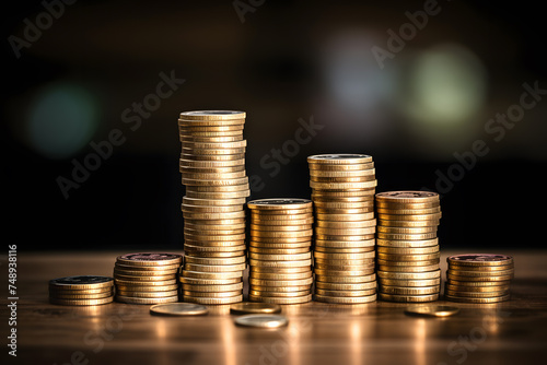 Finance and economics concept with stacks of coins on black background