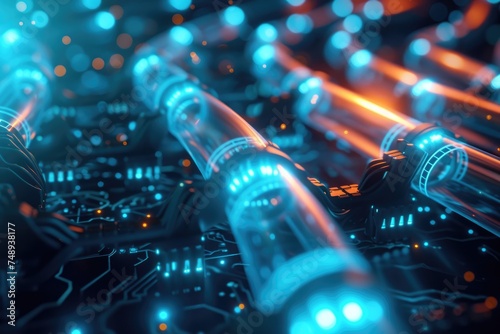 Futuristic technology concept featuring a circuit board with glowing blue and orange pipes, representing high-speed data transmission and advanced computing. photo