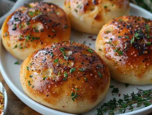 Golden Baked Buns Garnished with Fresh Herbs and Seeds © Tetyana