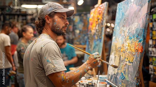 An artist wearing a baseball cap paints in a city studio © yuchen