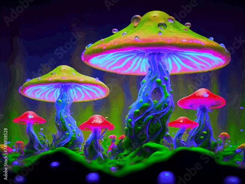 Hallucinogenic Sorcery Mushrooms Parking Brilliant Neon Lights  