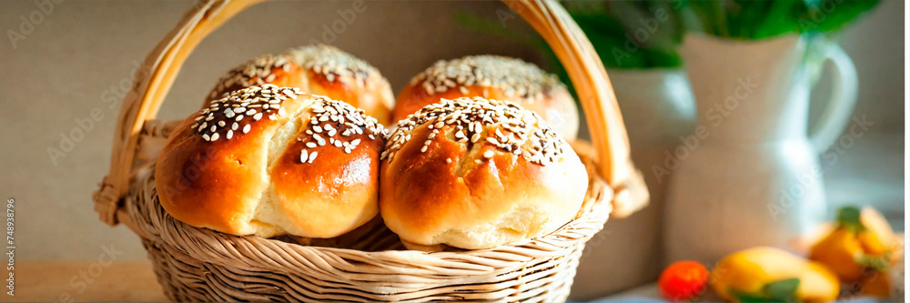 homemade buns with sesame seeds in a basket. Selective focus.