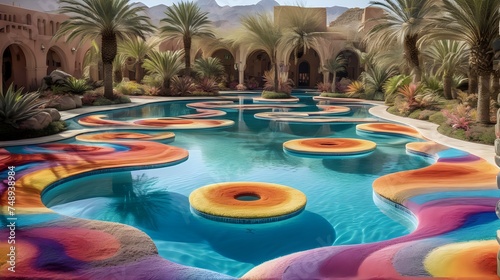 An oasis oasis hidden within a labyrinth of psychedelic patterns, where shimmering pools of water reflect the ever-shifting colors of the surrounding landscape.