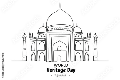 One continuous line drawing of Taj Mahal building. Beautiful historical iconic place. Home wall decor art poster print. Modern single line draw design vector graphic illustration
