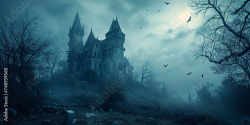 Haunted Gothic Castle in a Misty Forest Graveyard Scene at Twilight - A Spooky Atmospheric Setting