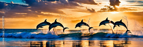 dolphins jump out of the sea. Selective focus. © yanadjan