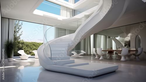  Gravity-defying staircase design in a futuristic house, showcasing a unique approach to spatial dynamics and aesthetics Gravity-defying, staircase design, futuristic house, unique, spatial dynamics, 