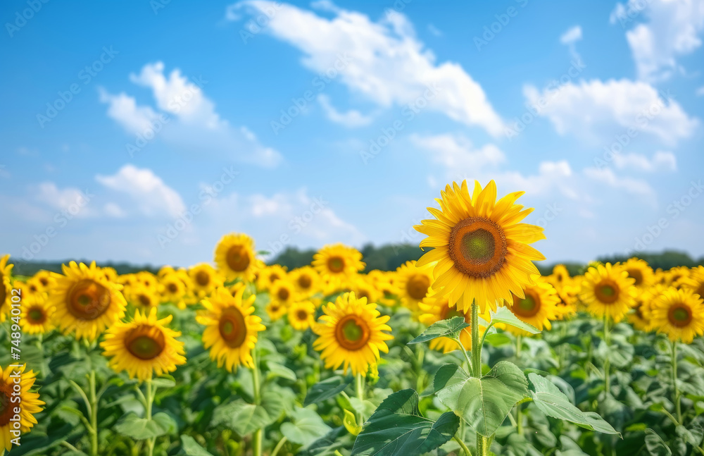 A field of sunflowers with a single sunflower in the foreground