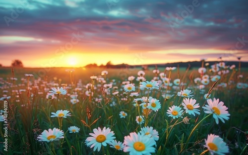 A field of white flowers with a beautiful sunset in the background