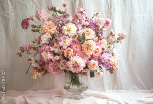 A vase filled with pink flowers sits on a white table