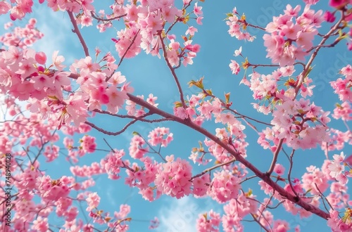 A tree with pink flowers is in the foreground and the sky is blue