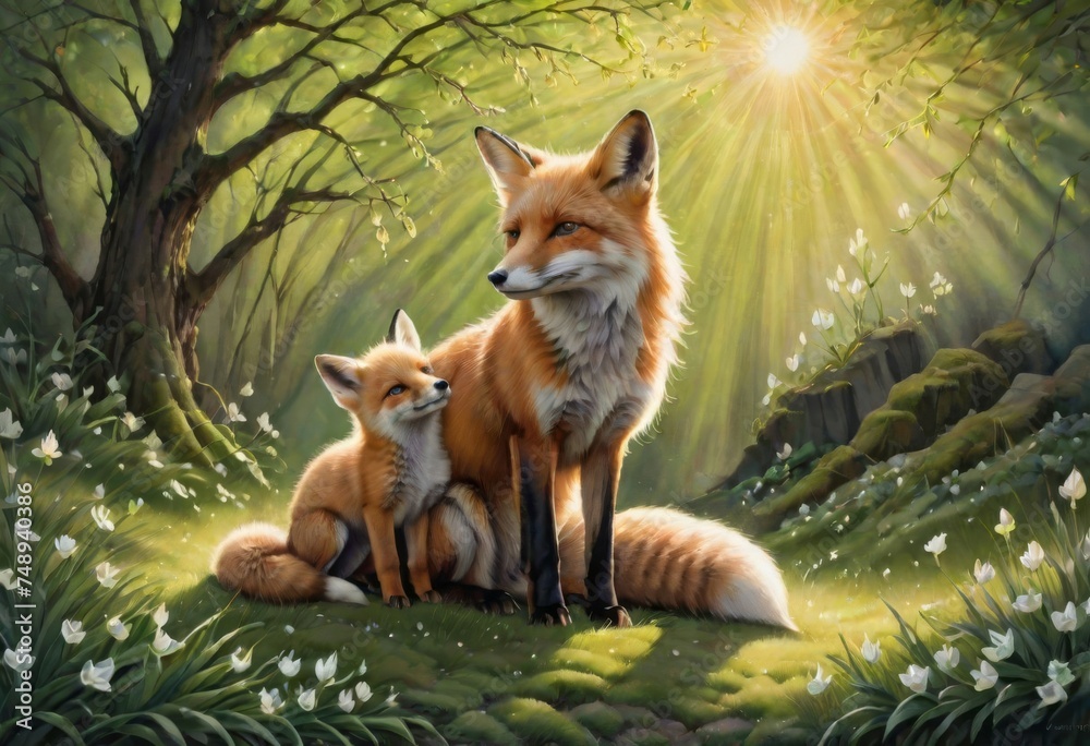 Fototapeta premium Red fox art illustration. Little funny fox