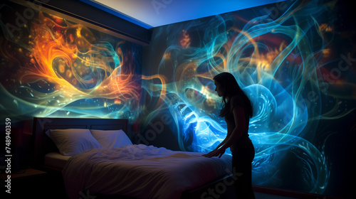 Holographic projection mapping onto a bedroom wall, displaying intricate patterns that change with the time of day, creating a uniquely dynamic atmosphere