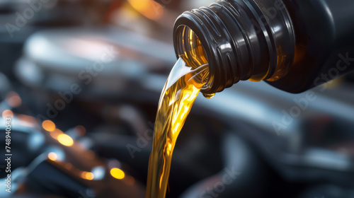 motor oil being poured, showing a golden fluid in motion with a blurred mechanical background photo