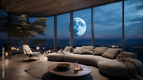 Lounge area with floor-to-ceiling windows  seamlessly merging the interior with the outdoors and the beauty of the moon