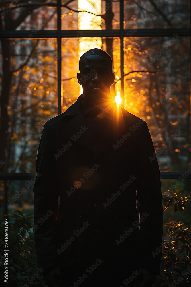 Shadowed silhouette of an afro american model with a sunset behind. Concept of solitude and loneliness. Shadowed silhouette of an afro american model with a sunset behind. Concept of solitude and loneliness.