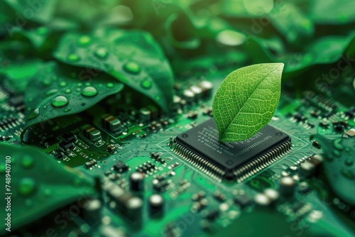 A single green leaf with droplets of water rests on a microchip, symbolizing the harmonious relationship between technology and environmental sustainability.