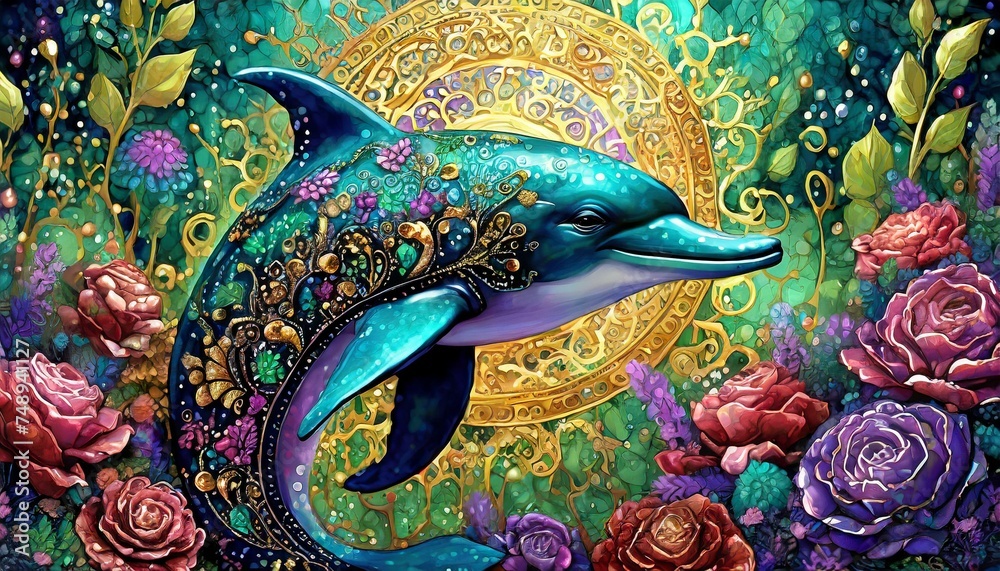 Fabulous stylish dolphin underwater. Art card