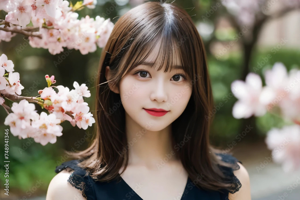 Japanese woman with long hair enjoying cherry blossoms. Generative AI Japanese woman with long hair enjoying cherry blossoms. Generative AI