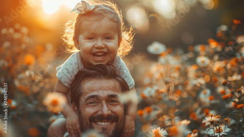 Young couple, baby girl or laugh together for freedom, bond or holding hands for care, backyard or garden, dad and daughter on shoulders with mom, happiness or love in summer sunlight. photo