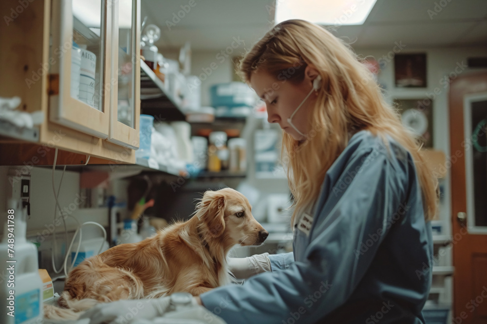 Veterinarian examining a golden retriever in a clinic. Professional pet care concept. Design for veterinary services banner, healthcare poster
