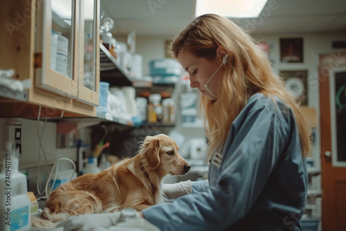 Wallpaper Mural Veterinarian examining a golden retriever in a clinic. Professional pet care concept. Design for veterinary services banner, healthcare poster Torontodigital.ca