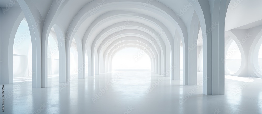 A large white room with numerous arches and columns, creating a grand and open architectural space. The room is empty, enhancing the sense of scale and grandeur.
