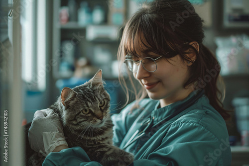 Veterinarian examining a cat in clinic. Close-up with medical equipment in background. Pet healthcare concept photo