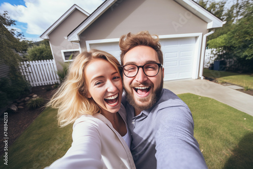 Happy couple taking selfie in front of new home