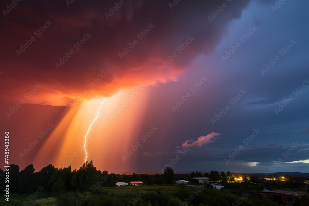 Dramatic Lightning Strike Illuminating a Dark Stormy Sky Over a Dimly Lit Landscape