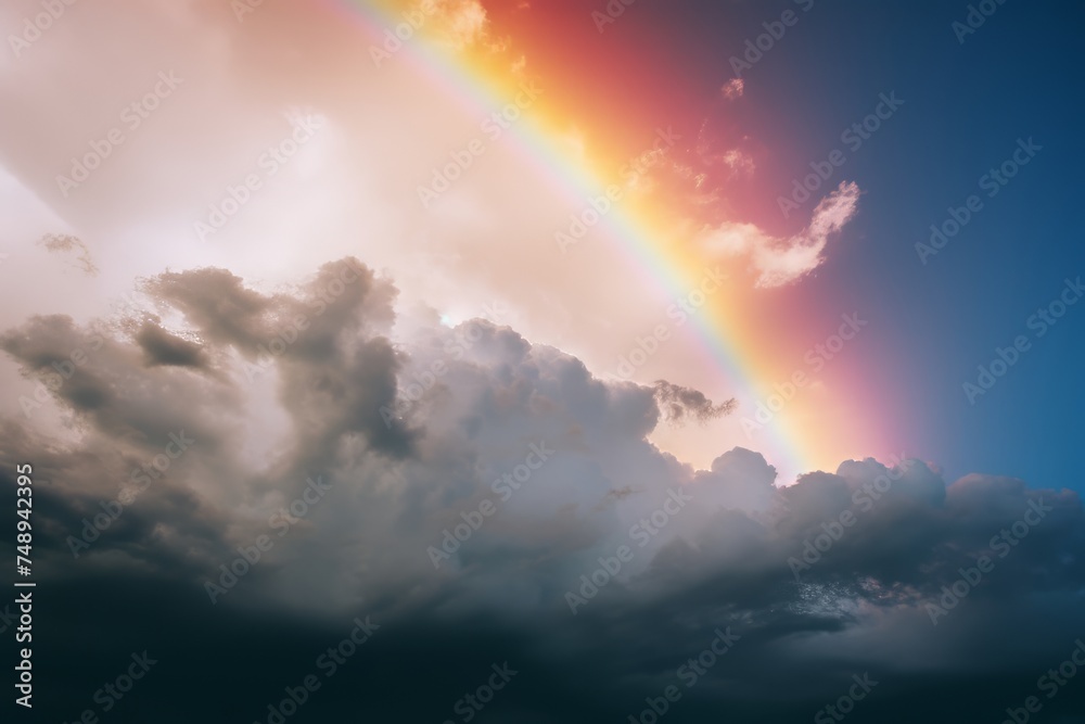 Vivid Rainbow Amidst Dark Clouds in a Dramatic Sky