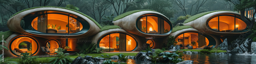 Futuristic eco-friendly pod houses in forest at dusk - obrazy, fototapety, plakaty 